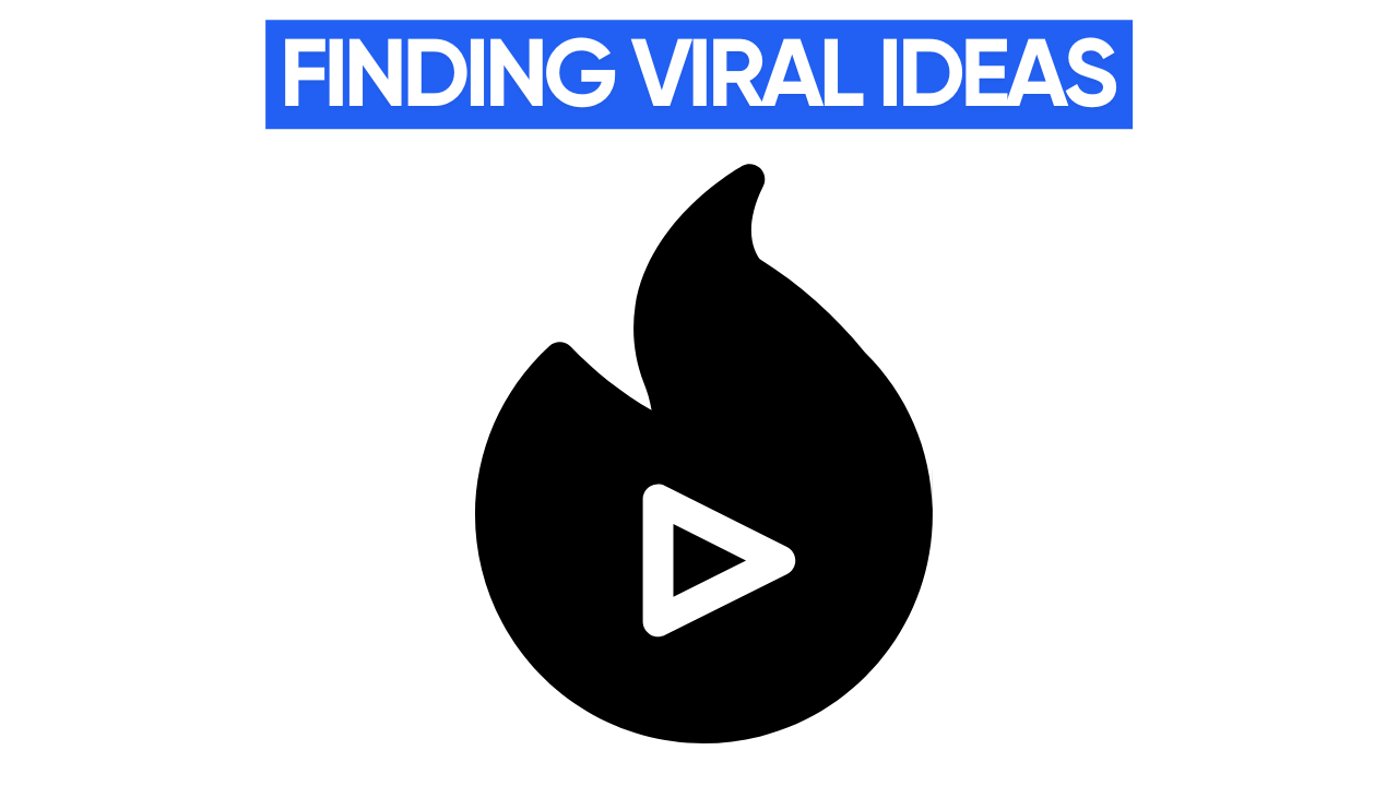 A black flame icon with a play button inside on a white background. The text "FINDING VIRAL IDEAS" is displayed in red above the icon.