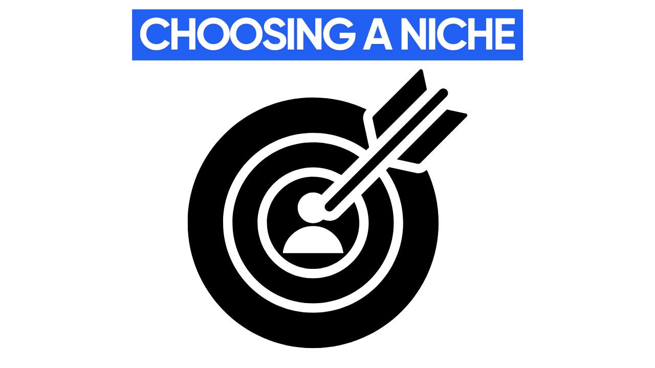 A black target with an arrow hitting the bullseye on a white background. The text "CHOOSING A NICHE THAT HAS POTENTIAL" is displayed in red above the target.