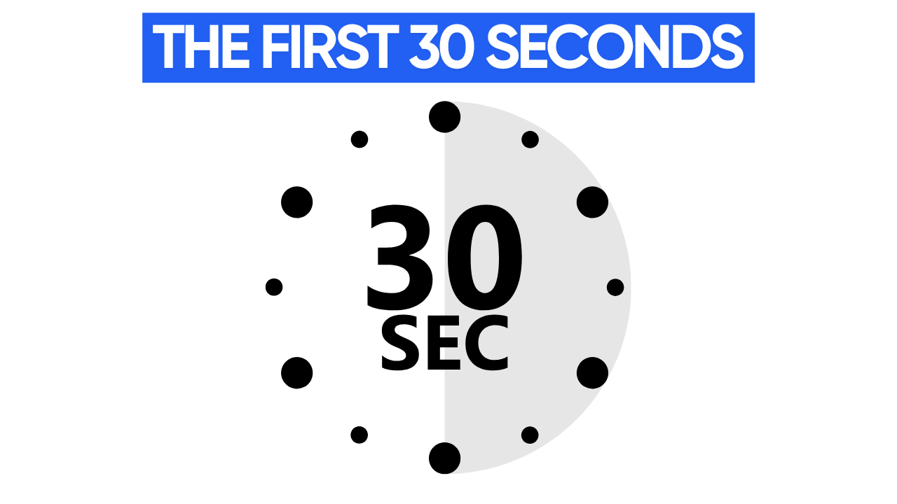 A blue background with a white clock face showing 30 seconds. The text "THE FIRST 30 SECONDS" is displayed in red above the clock.