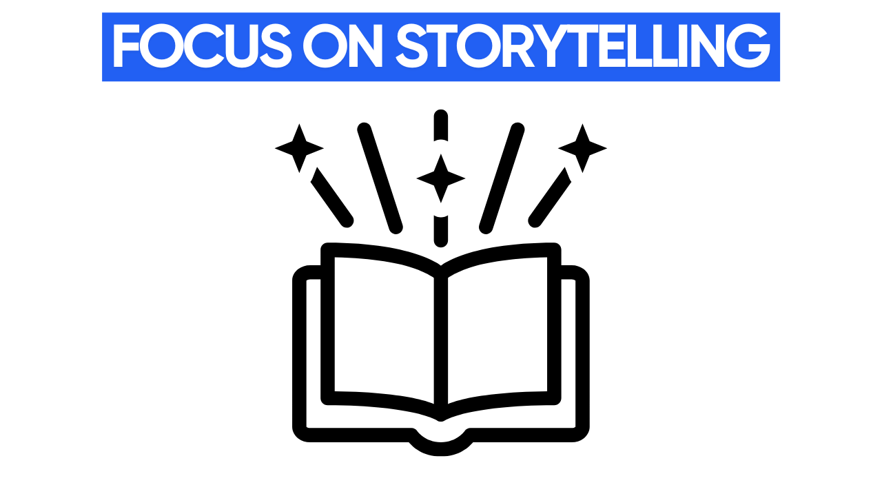 A white open book with stars bursting out of it on a blue background. The text "STORYTELLING/STRUCTURE" is displayed in red above the image.