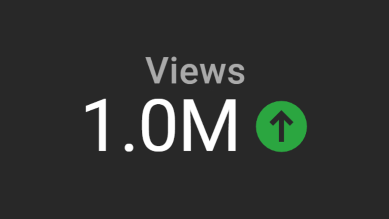 Minimalist graphic showing the word 'Views' above '1.0M' with a green upward arrow, symbolizing a growth in video views or online engagement against a dark gray background.