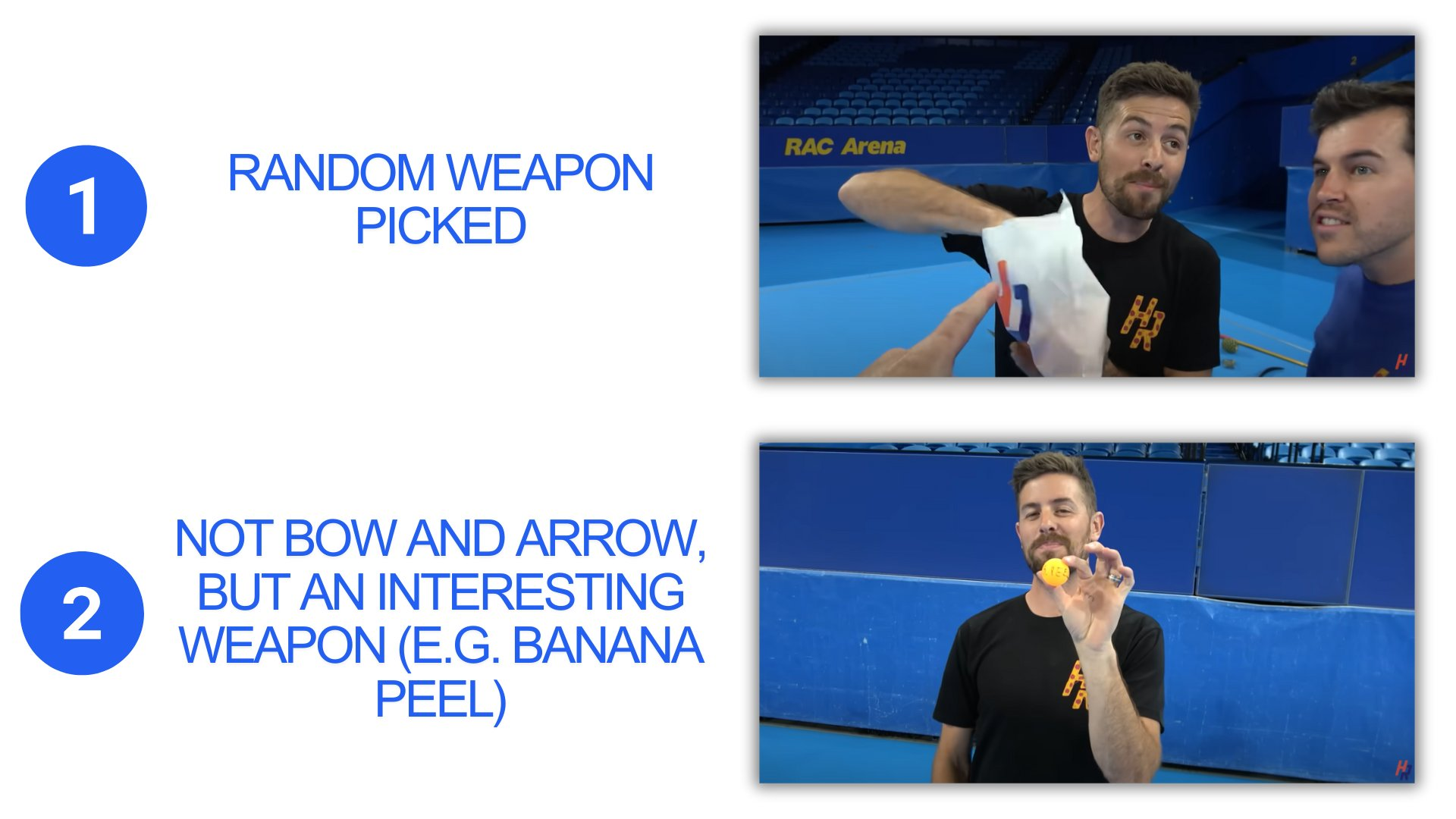 A note suggesting a change in experimental design, moving away from a bow and arrow to a "random weapon" such as a banana peel.