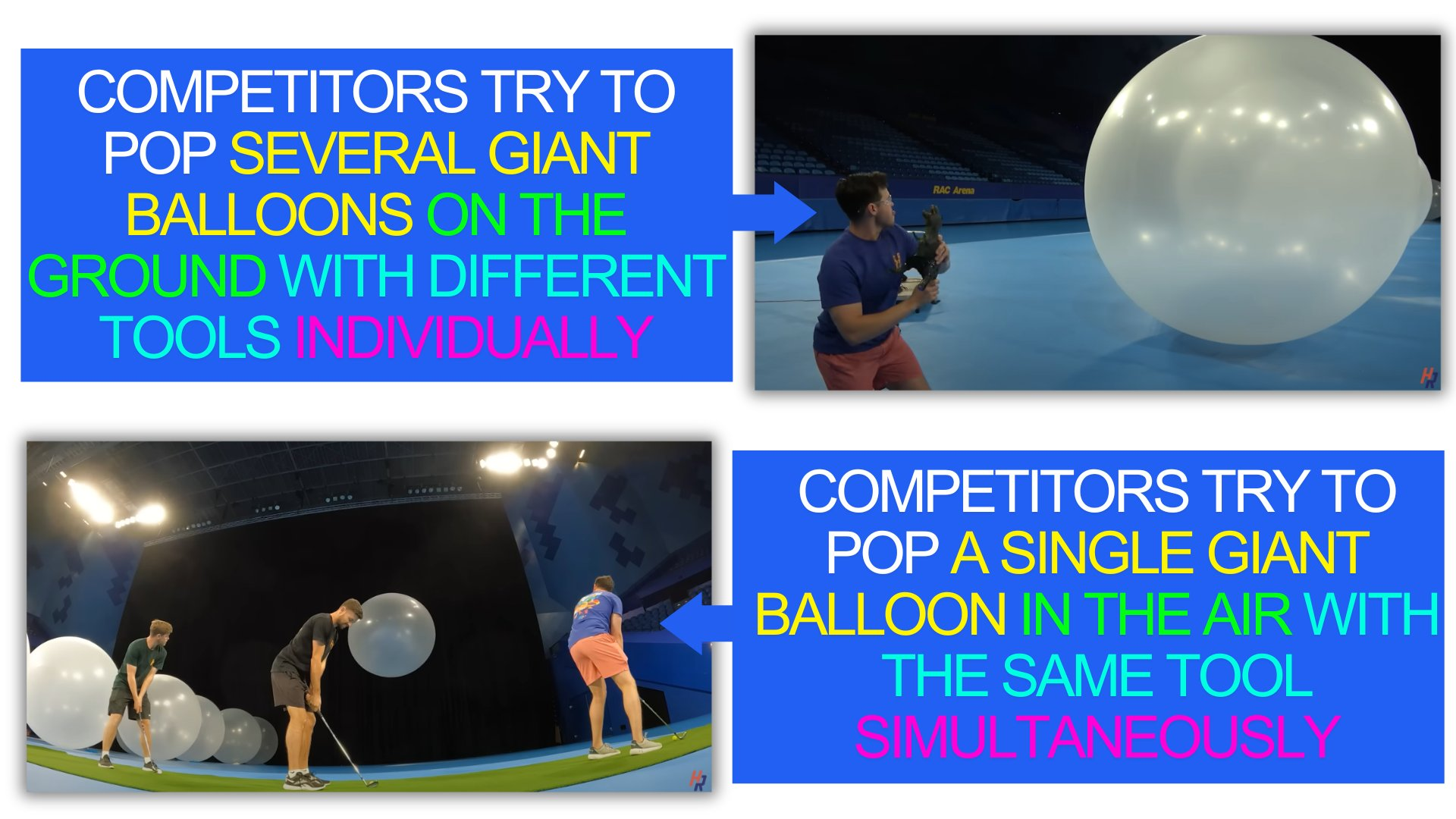 Two images depicting different challenges involving popping giant balloons. The top image shows individuals attempting to pop multiple balloons on the ground using various tools. The bottom image shows individuals attempting to pop a single giant balloon in the air simultaneously.