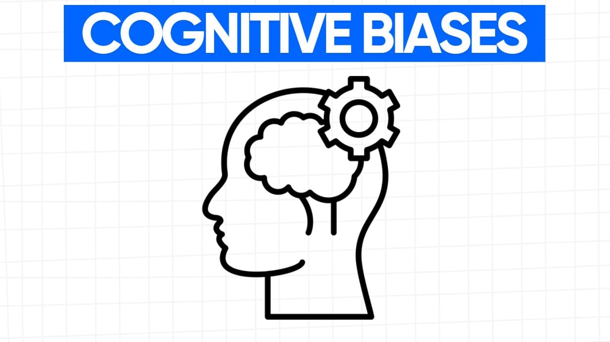 Line drawing of a head in profile with a brain and a gear representing cognitive biases.