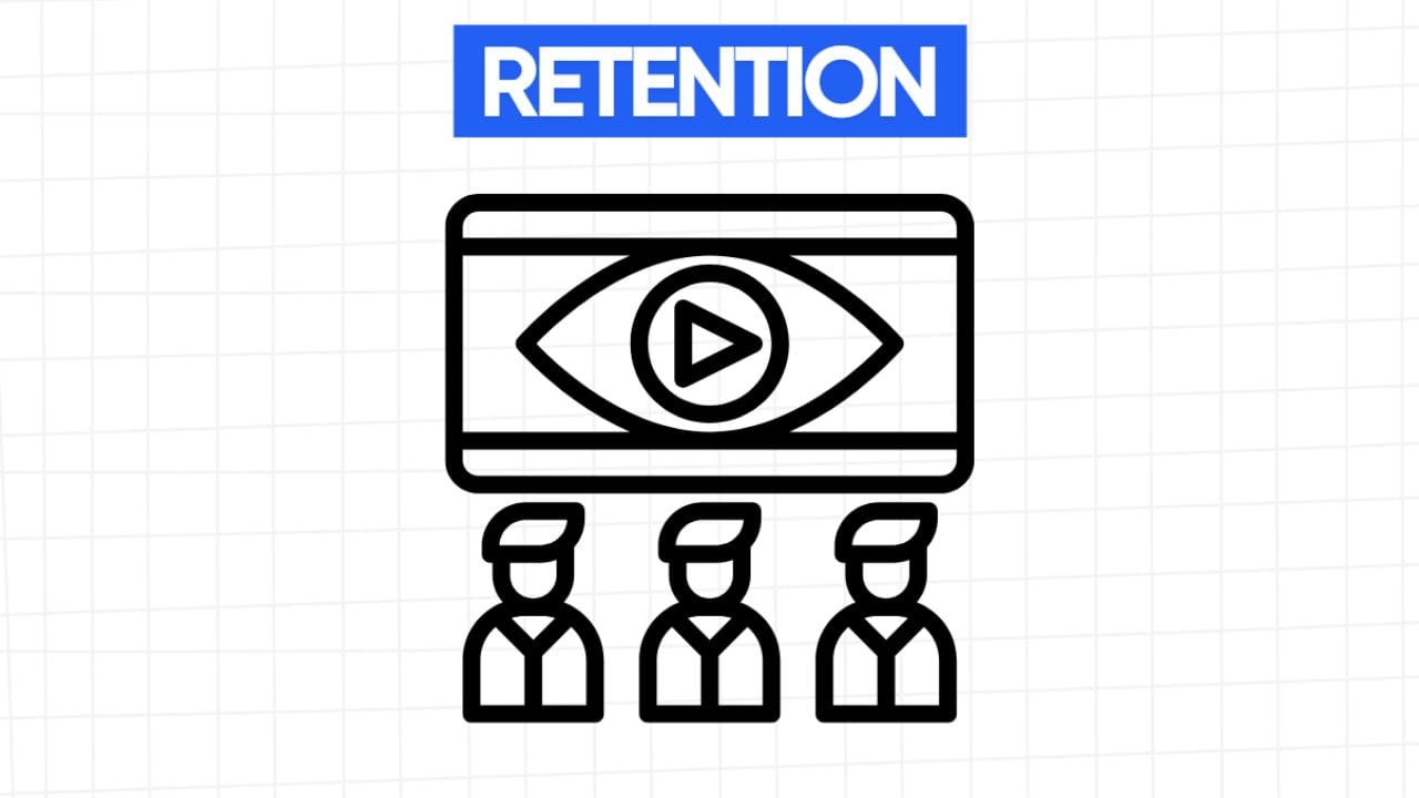 An icon showing three people watching a screen with a play button and an eye, illustrating retention in video content.