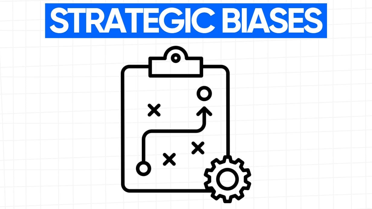 A clipboard with a diagram of strategic moves and a gear, symbolizing strategic biases.