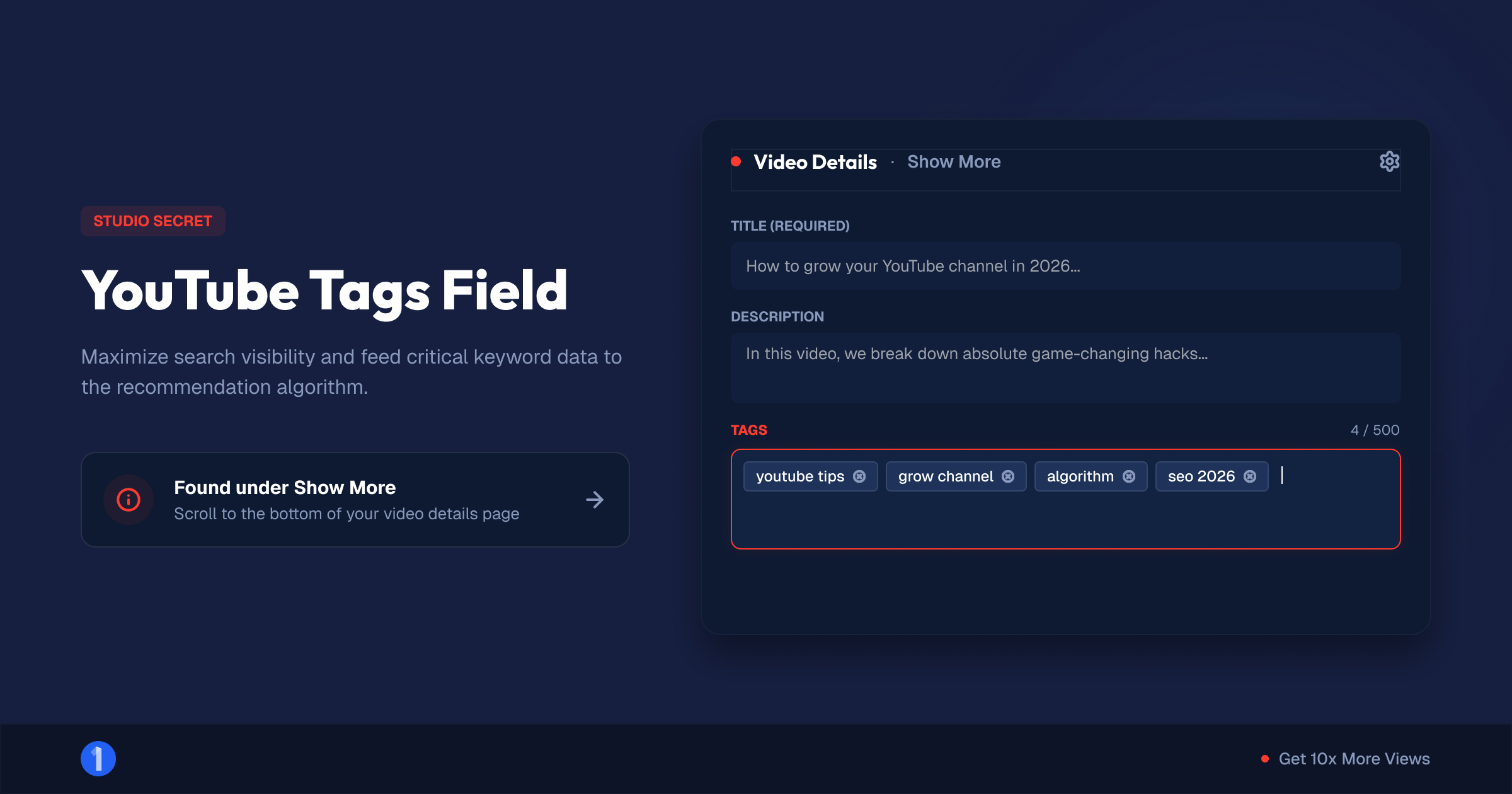 Tags field under Show more in the YouTube Studio video details screen
