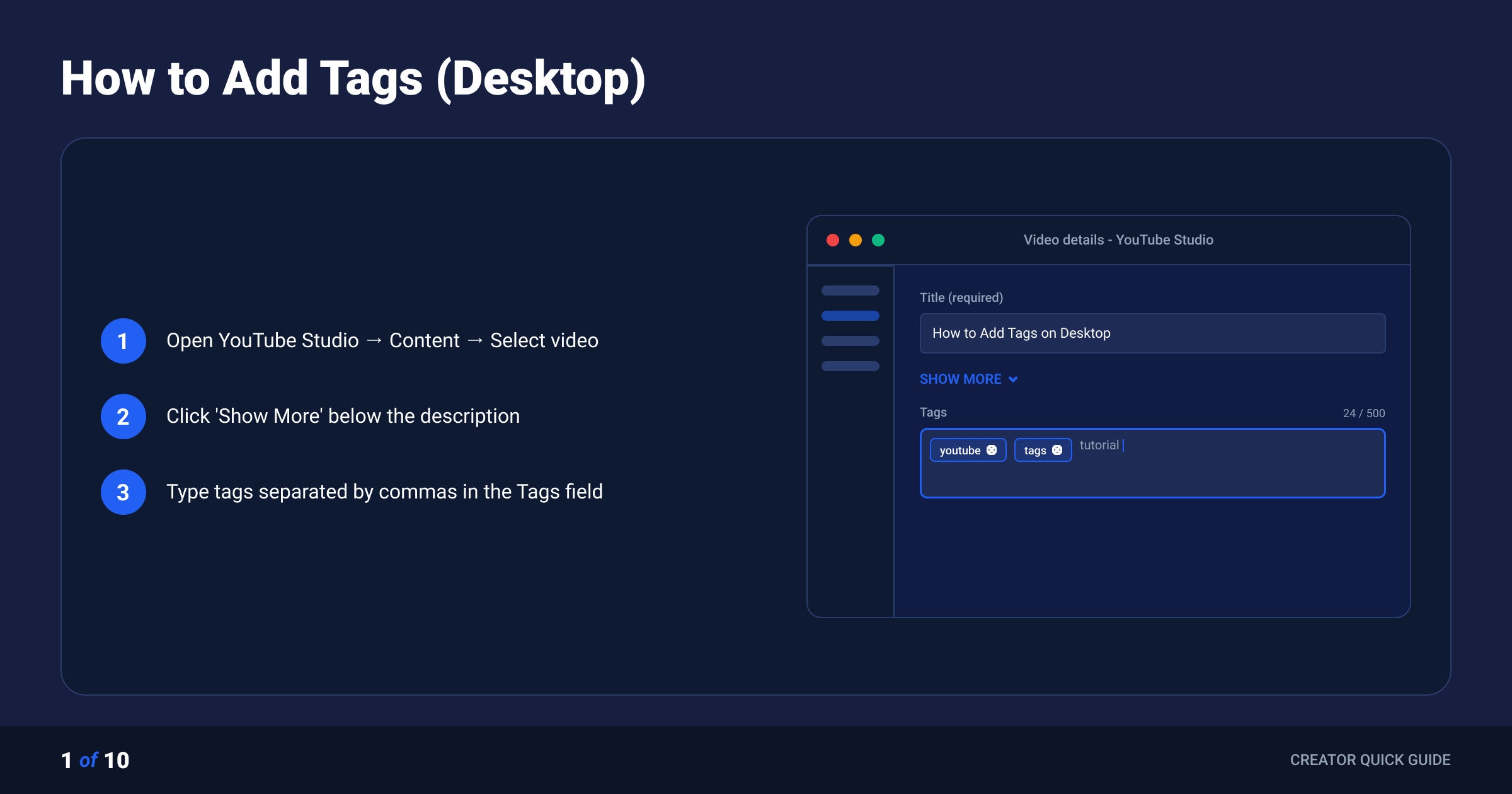 Numbered walkthrough of adding tags in YouTube Studio on desktop