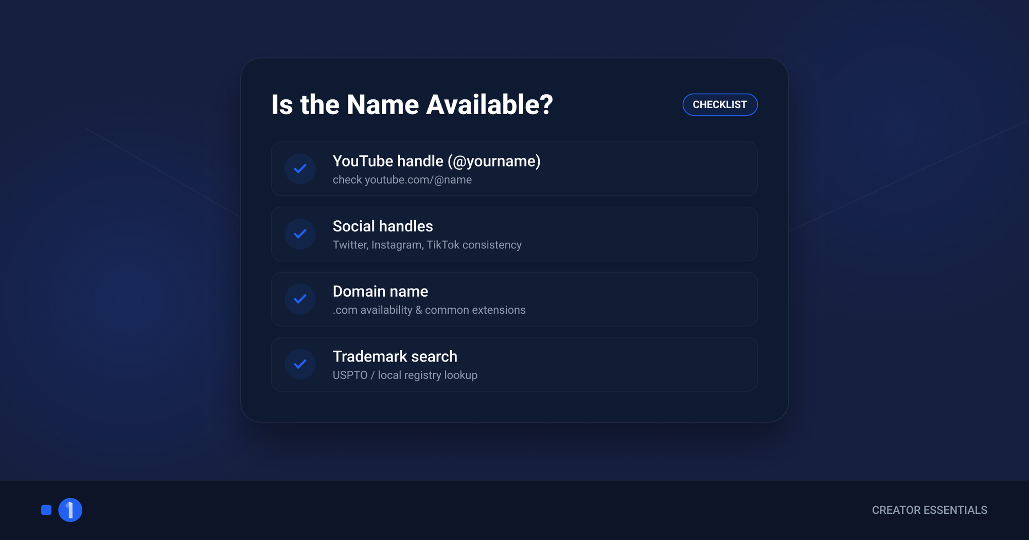 4-step availability checklist covering YouTube handle, social handles, domain, and trademark search