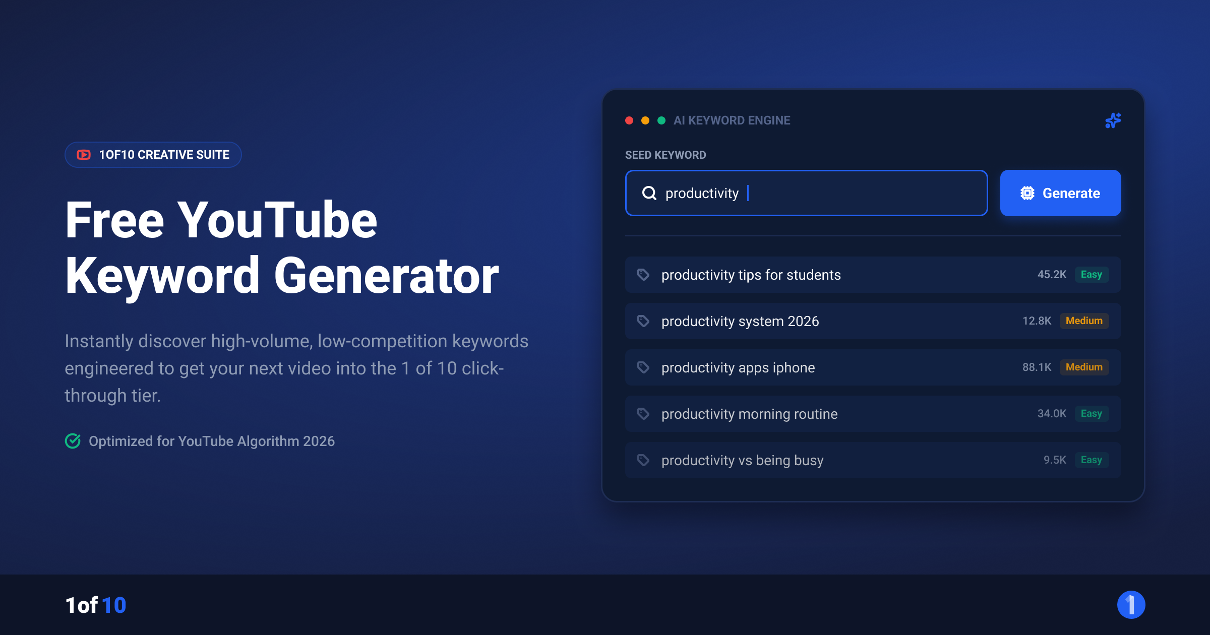 1of10 free YouTube keyword generator tool showing seed input and generated keyword list