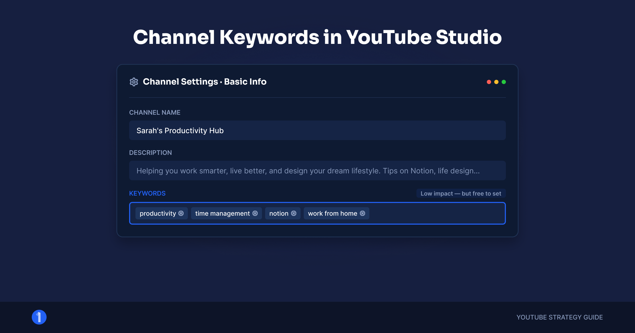YouTube Studio basic info settings showing where channel keywords are added