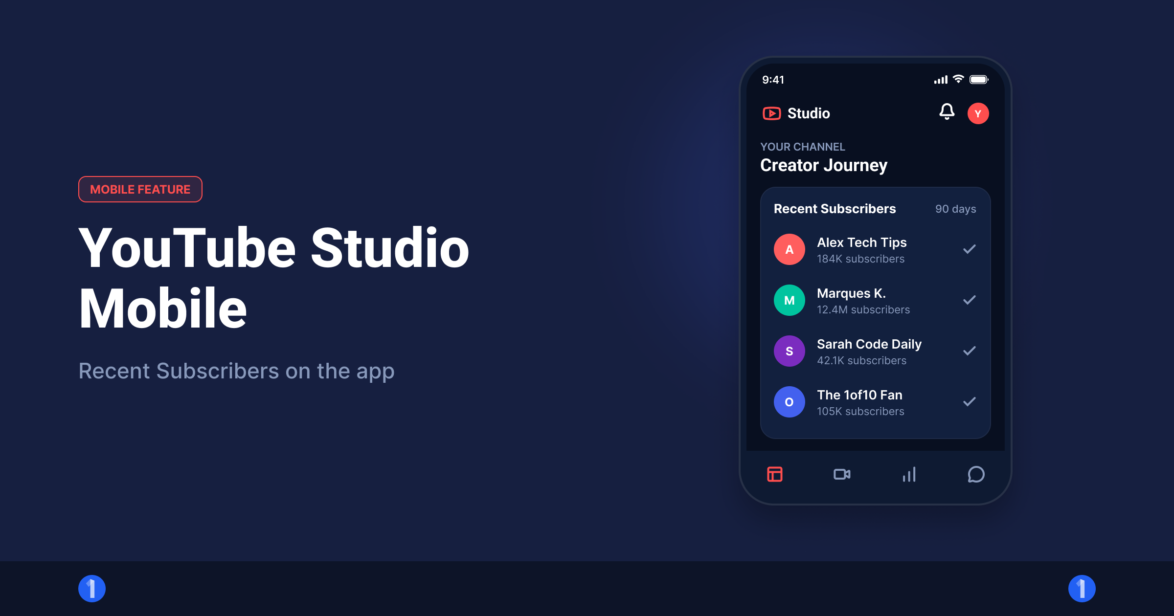 YouTube Studio mobile app Dashboard depicting the Recent Subscribers card