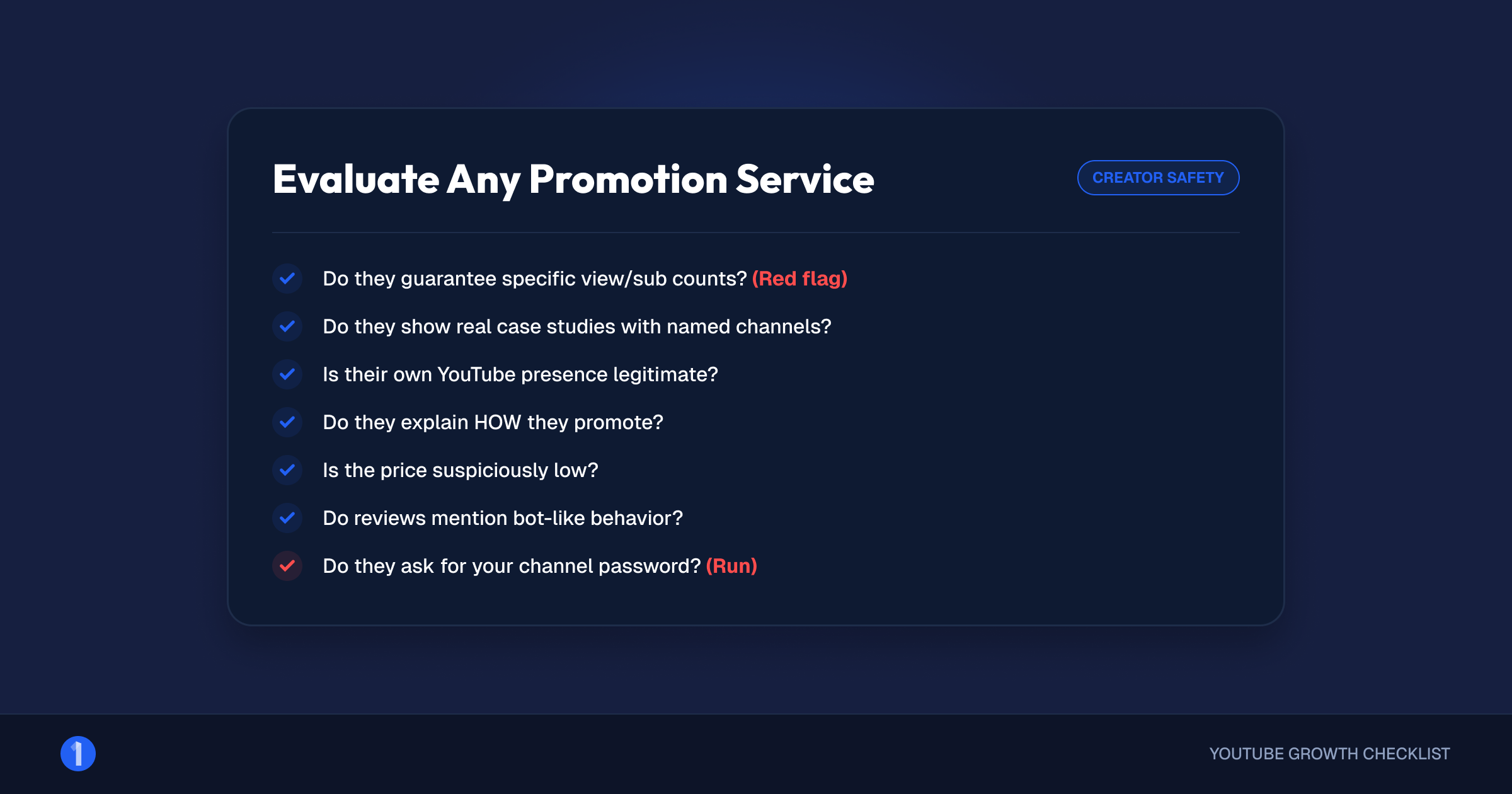 Seven-point scam checklist for evaluating a YouTube promotion service