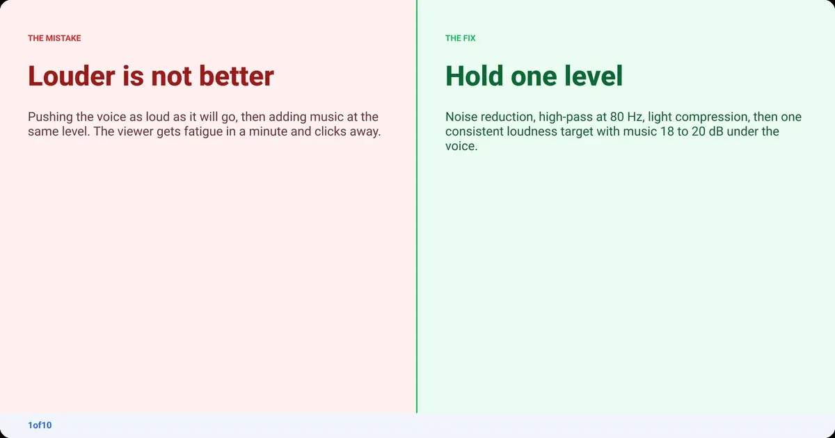 Mistake and fix: Louder is not better. Fix: Hold one level