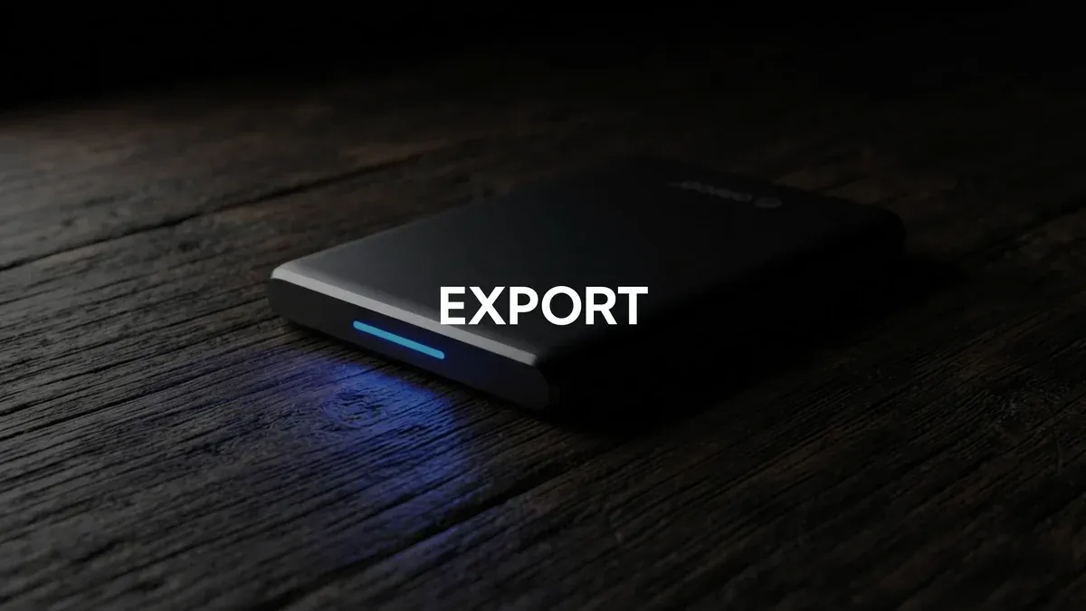 A solid-state drive on a dark desk with a thin blue light glowing along one edge, standing in for the finished export