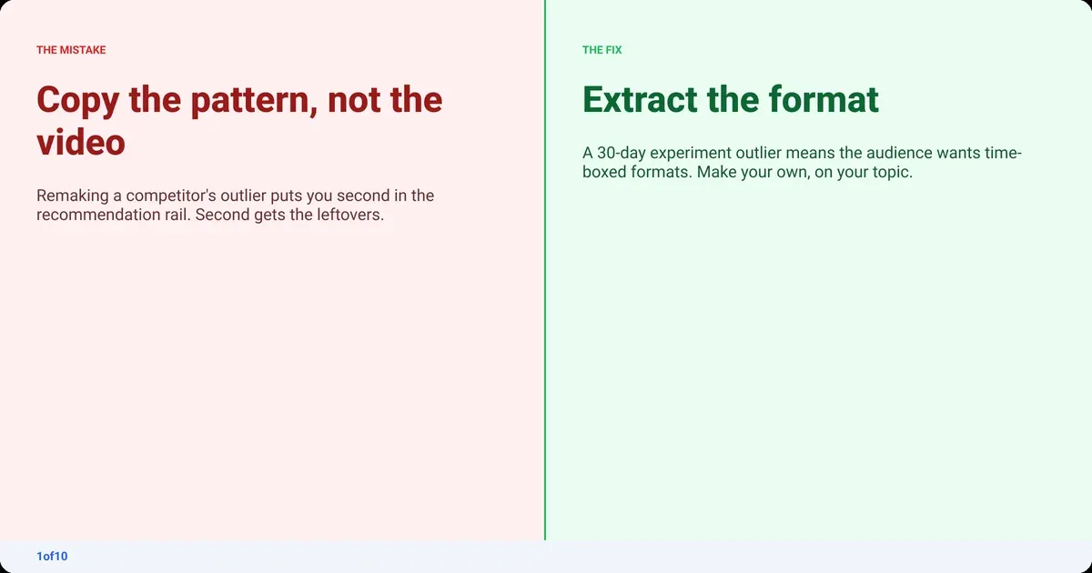 Mistake and fix: Copy the pattern, not the video. Fix: Extract the format