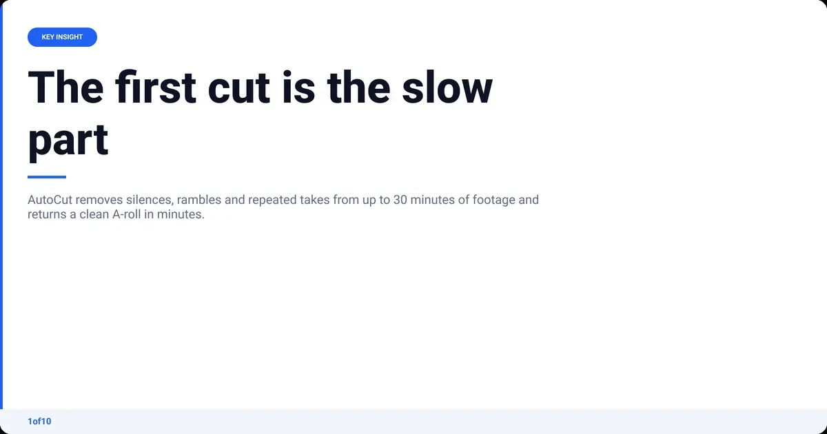 Key insight: The first cut is the slow part AutoCut removes silences, rambles and repeated takes from up to 30 minutes of footage and returns a clean A-roll in...
