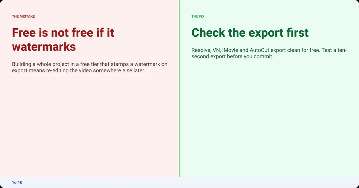 Mistake and fix: Free is not free if it watermarks. Fix: Check the export first