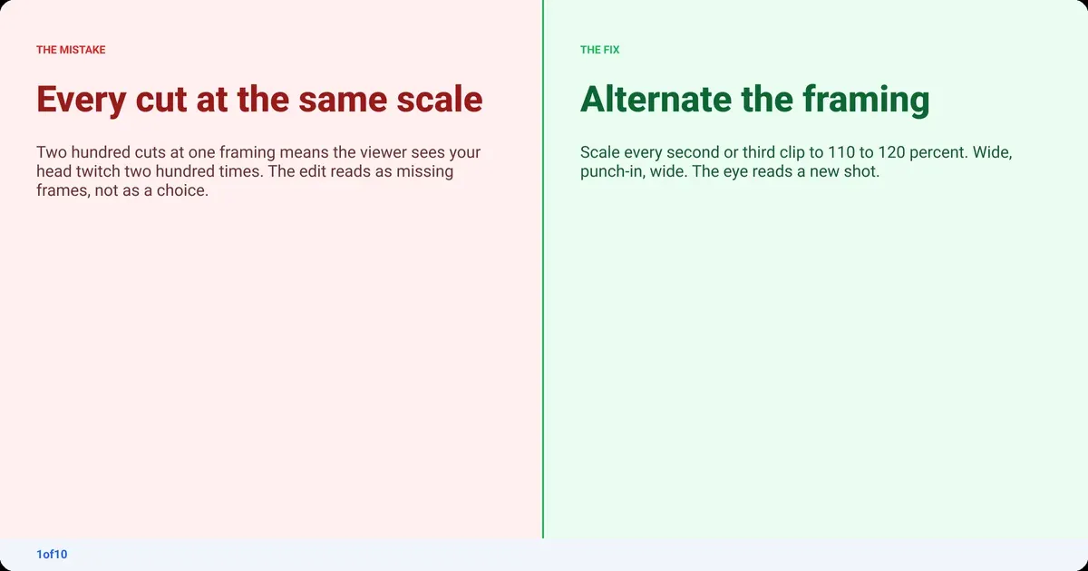 Mistake and fix: Every cut at the same scale. Fix: Alternate the framing