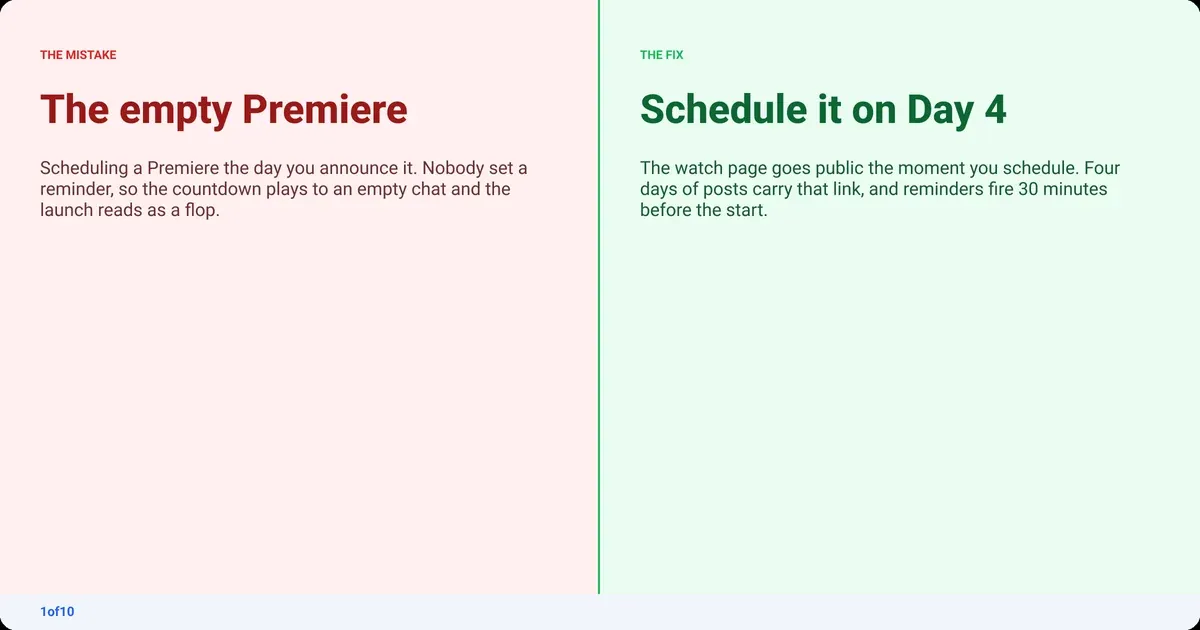 Mistake and fix: The empty Premiere. Fix: Schedule it on Day 4