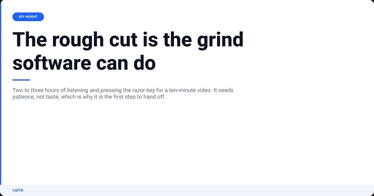 Key insight: The rough cut is the grind software can do Two to three hours of listening and pressing the razor key for a ten-minute video. It needs patience...