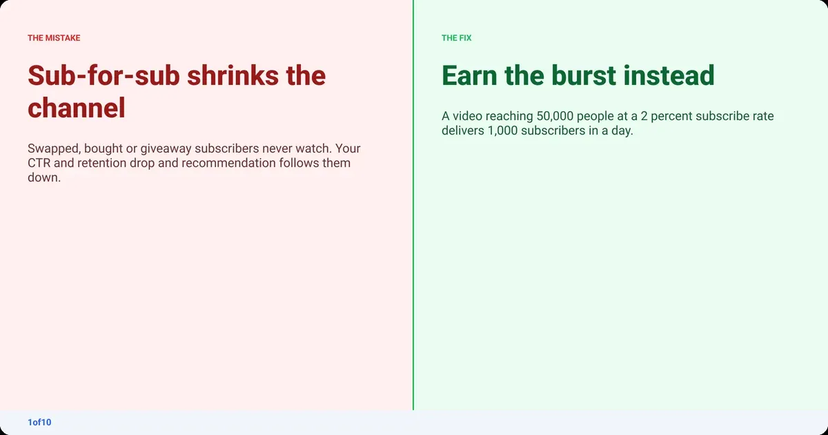 Mistake and fix: Sub-for-sub shrinks the channel. Fix: Earn the burst instead