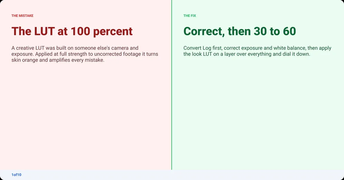 Mistake and fix: The LUT at 100 percent. Fix: Correct, then 30 to 60